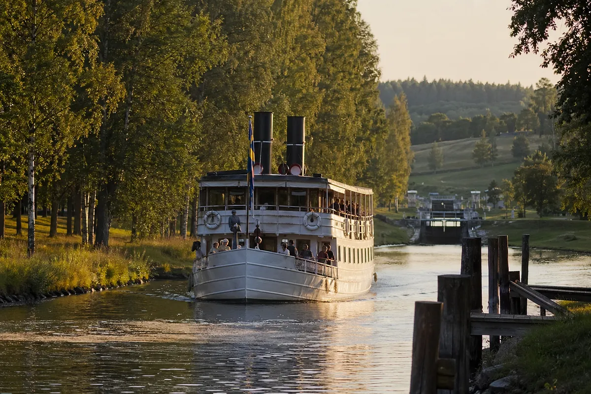 Historisk passagerarbåt på Göta kanal i gyllene kvällsljus mellan gröna åkrar